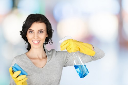 Domestic cleaner preparing kitchen surfaces in a local Islington home